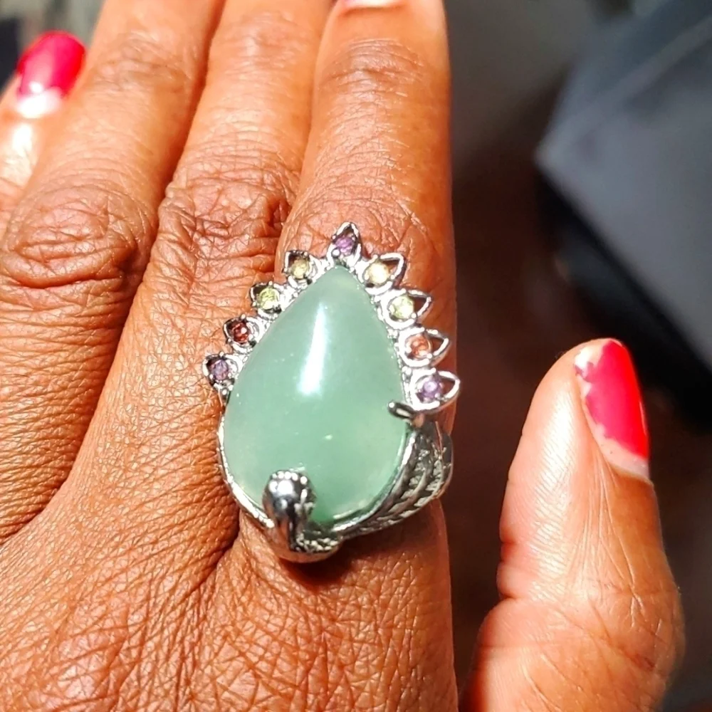 Green Aventurine Peacock Ring Stainless Steel Multigemstone